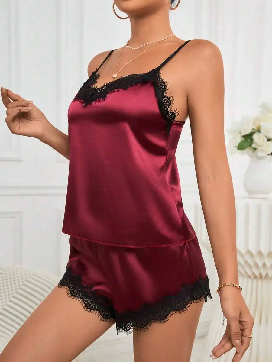 Champagne solid color Women Ice Silk Pajamas Sleepwear Pajama Set Satin Camisole Shorts  Low Cut Comfortable Casual Summer