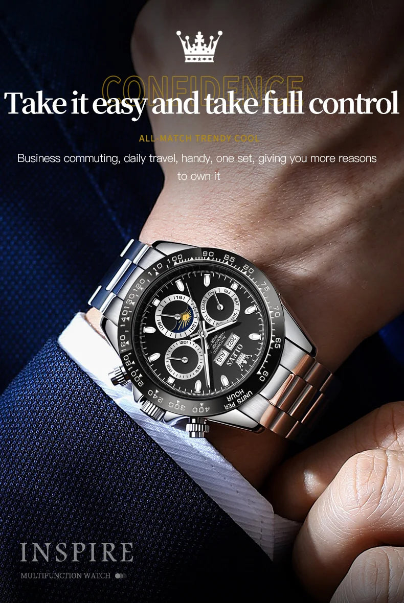 OLEVS 6654 Luxury Brand Original Automatic Man Watch Stainless Steel Waterproof Moon Phase Dual Calendar Mechanical Wristwatches