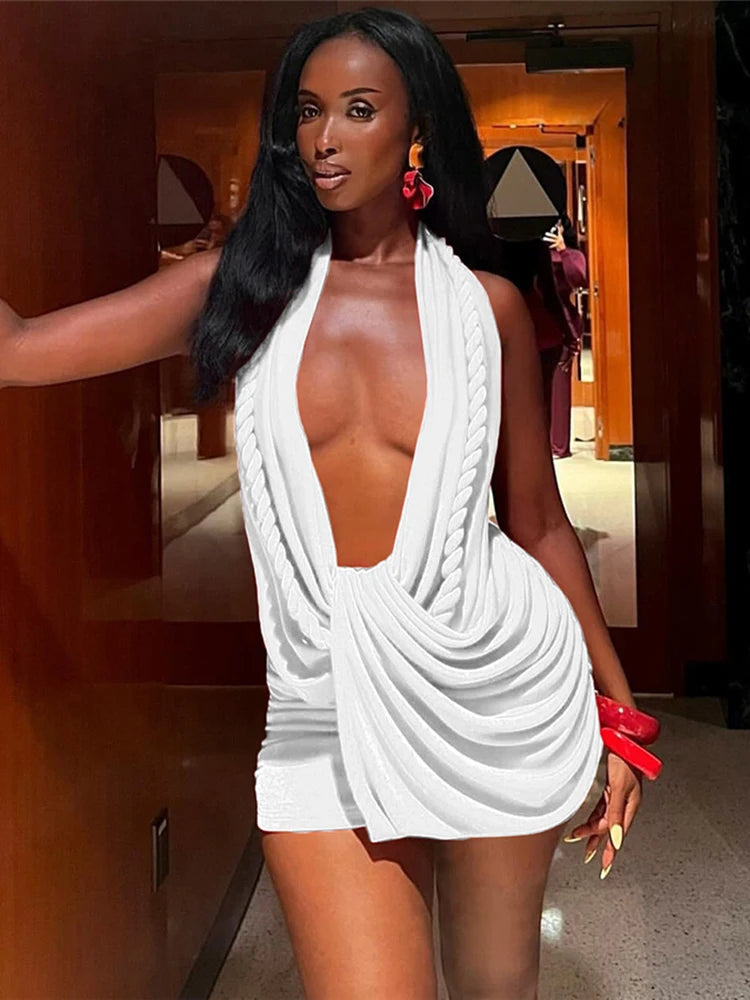 Nibber Backless Dress Woman Twist Bandage Halter Swing Collar Cleavage Sleeveless Midnight Club Party Sexy Fashion Mini Bodycon
