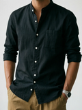 Minimalist Men's White Linen Button-Down Shirt, Stand Collar, Modern Office & Weekend Essential