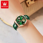 OLEVS 6601 Green Leather Strap Women Watch Automatic Mechanical Movement Waterproof Diamond Fashion Watch