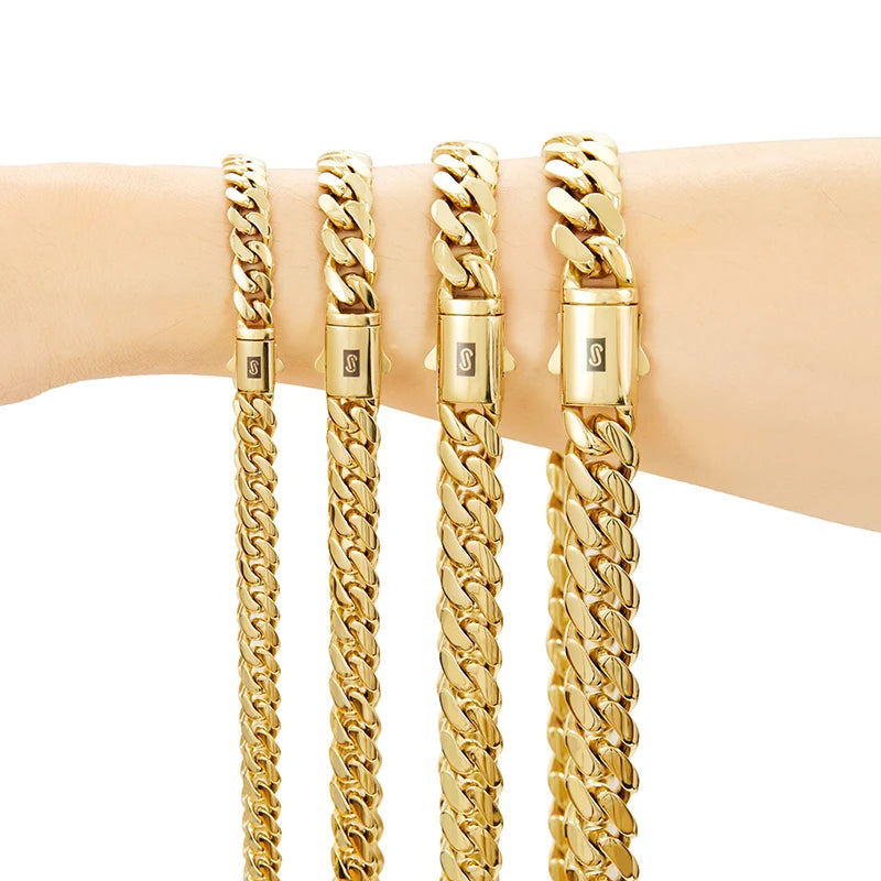 6-14mm Gold Color Stainless Steel Cuban Miami Link Chains Necklaces for Men Hip Hop Rapper Jewelry