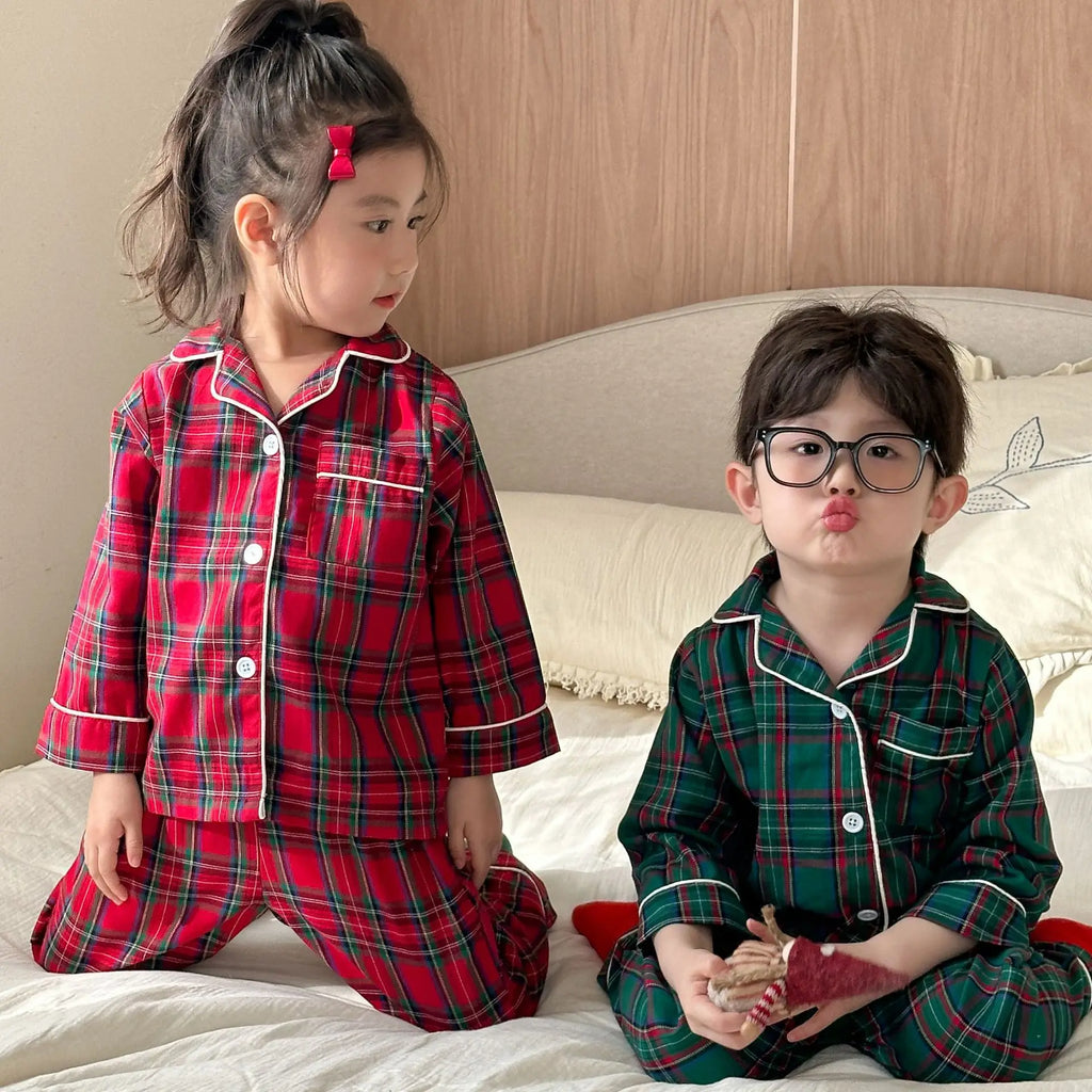 Merry Christmas Kids Pure Cotton Pajamas Set Plaid Print Turn-down Collar Button Shirt Trousers 2 Pieces Suit Homewear Xmas Look