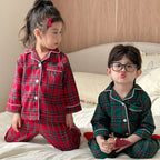 Merry Christmas Kids Pure Cotton Pajamas Set Plaid Print Turn-down Collar Button Shirt Trousers 2 Pieces Suit Homewear Xmas Look