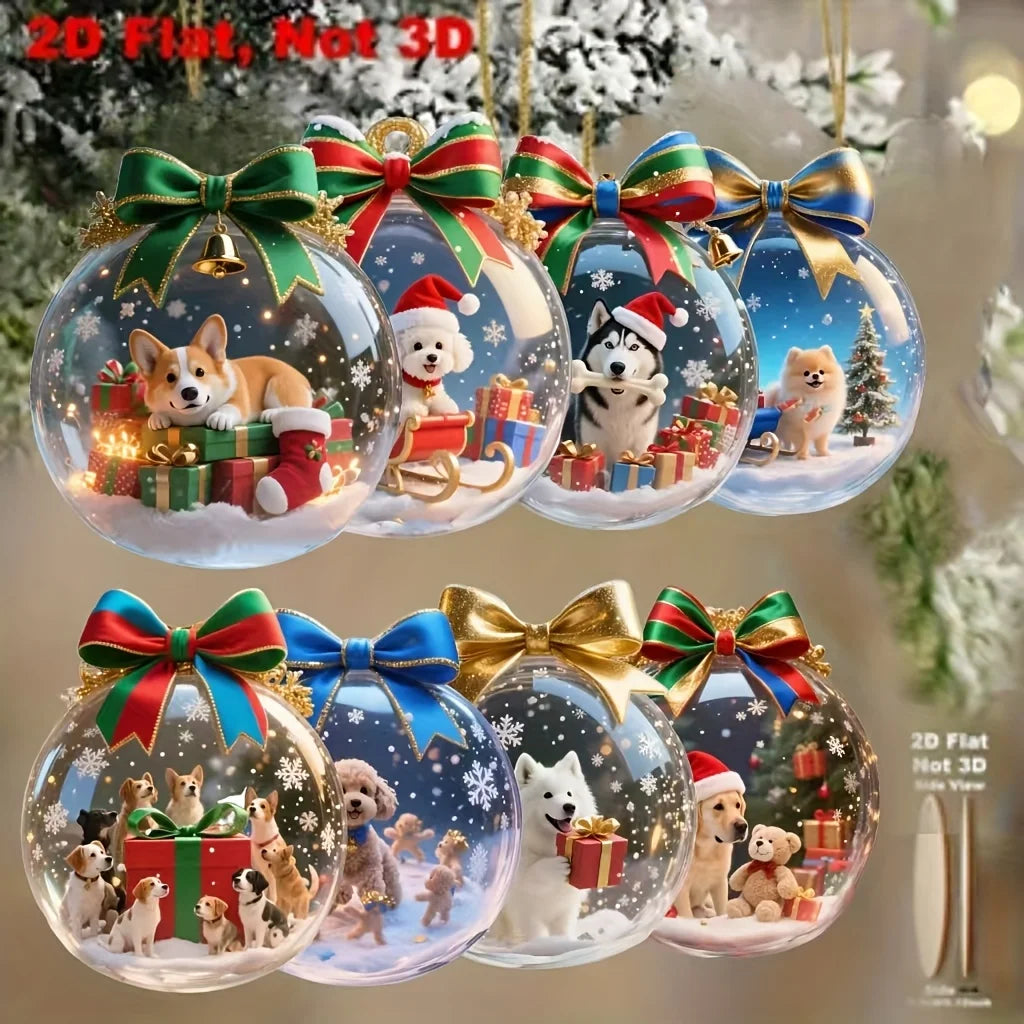 8Piece Set of Holiday Christmas Cute Dog 2D Wooden Pendant Ball Decoration for Home Window Office Classroom Yard and Party Decor
