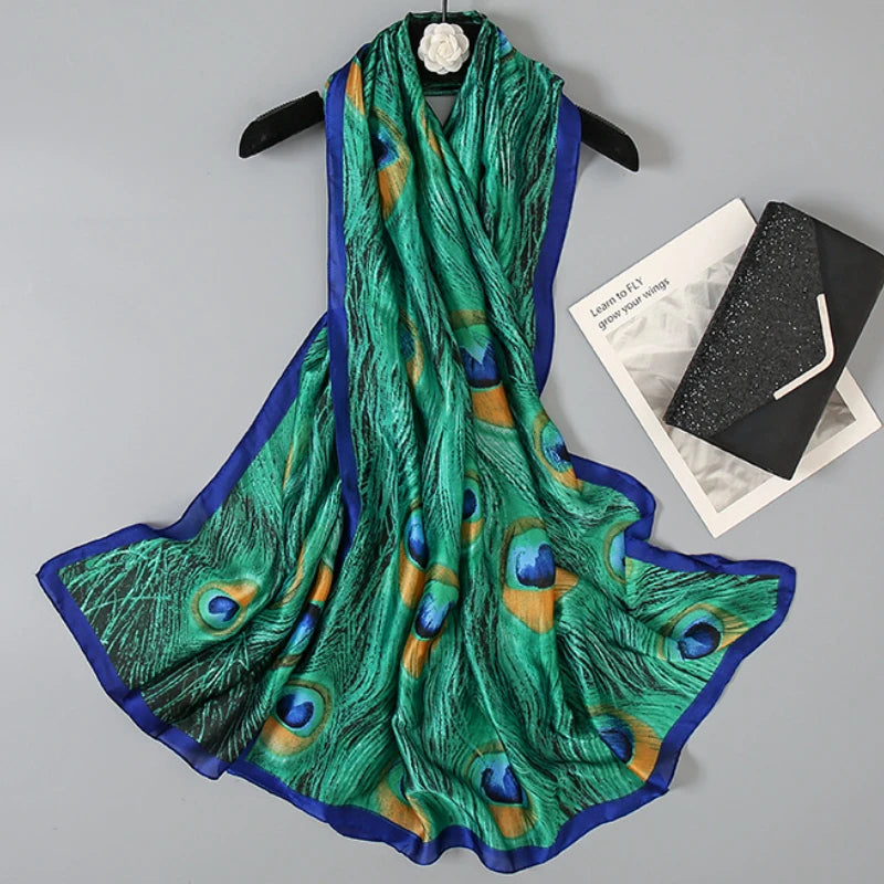 Green Peacock Feather Hijab Summer Beach Pareo Silk Scarf Women Luxury Bandana Soft Long Foulard Femme Designer Bufandas Mujer