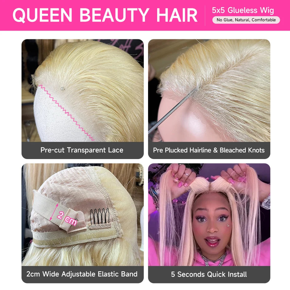 613 Glueless Wigs Human Hair 5x5 Lace Closure Wig Bone Straight Blonde Pre Plucked Glueless Wig Remy Human Hair Wigs Ready To Go