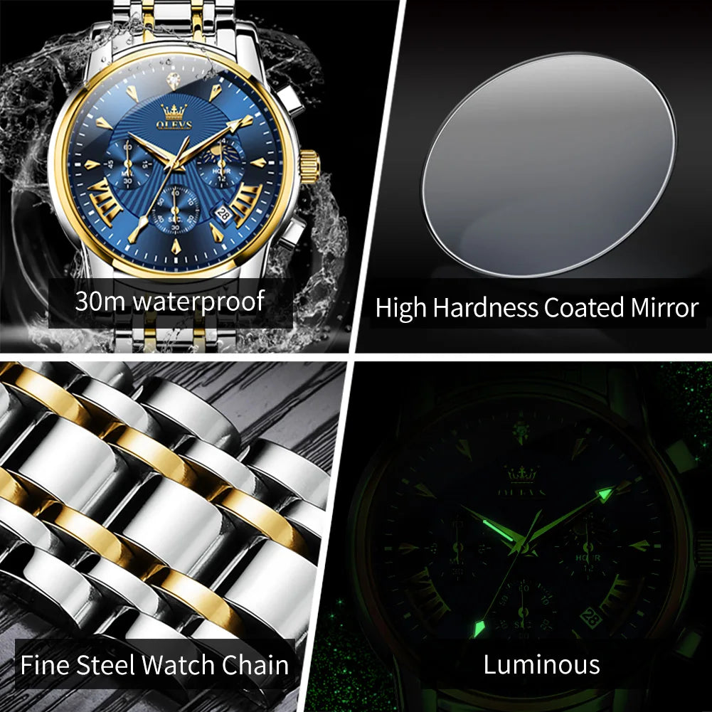OLEVS 2892 Men's Watches Top Brand Multifunctional Chronograph Wristwatch Original Quartz Watch Man Waterproof Luminous Moon