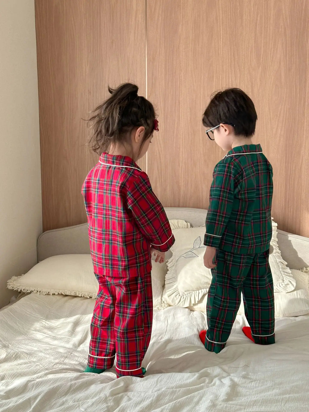 Merry Christmas Kids Pure Cotton Pajamas Set Plaid Print Turn-down Collar Button Shirt Trousers 2 Pieces Suit Homewear Xmas Look