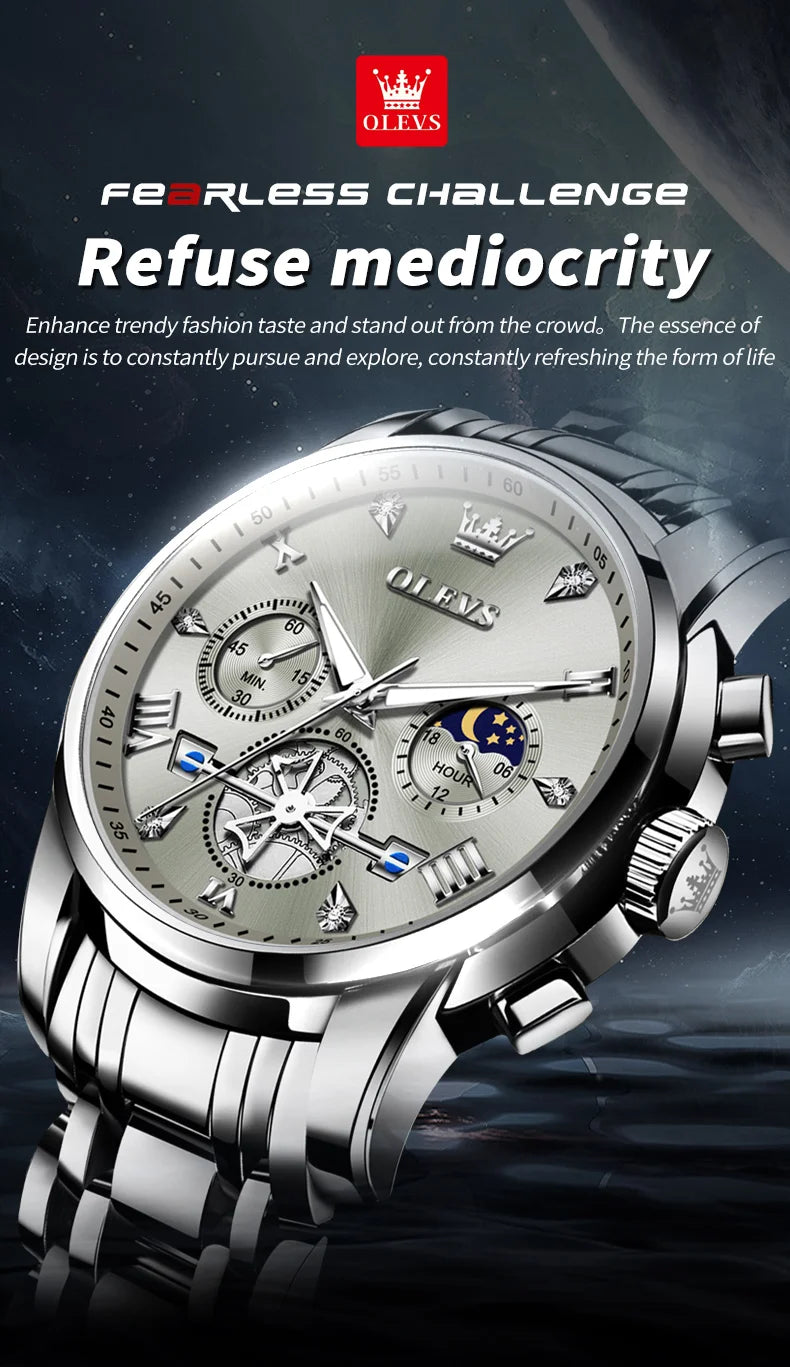 OLEVS Men's Watches Classic Multifunctional Flywheel Design Stainless steel Waterproof Moon Phase Men's Wristwatches 2024 Trend