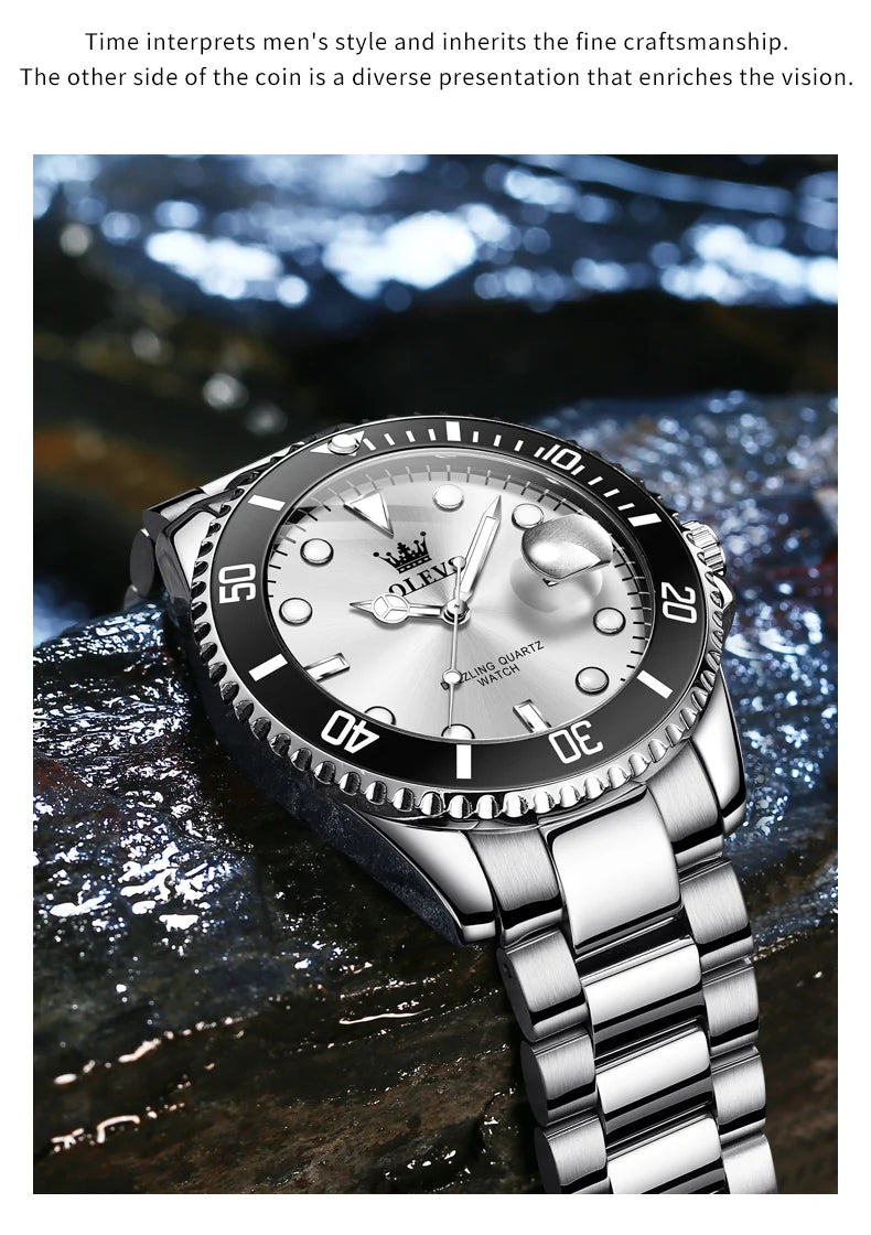 OLEVS 5885 Luxury Men Watch Diving Series Deep Waterproof Auto Date Stainless Steel NEW Red Dial Original Wristwatch