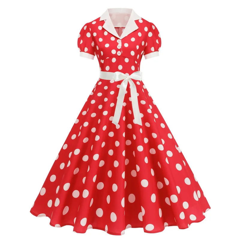 Polka Dot 50s 60s Vintage Dress Women Elegant Belted Robe Women Retro Rockabilly Prom Wedding Party Princess Dress