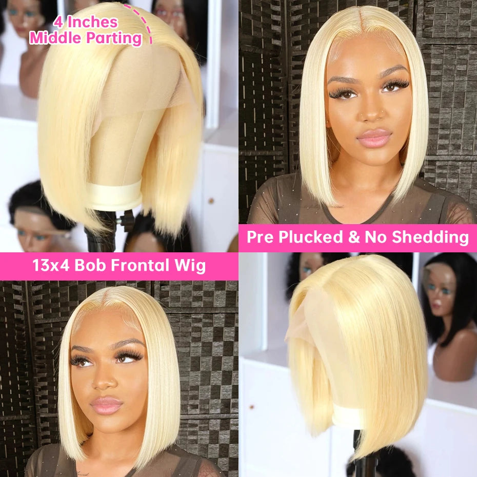 13x4 13x6 Bob Wigs 613 Honey Blonde Lace Frontal Wig Brazilian Blunt Cut Straight Transparent Lace Front Wig Platinum Blond Colored Human Hair Wig Pre Plucked Thick Short Bob Lace Front Human Hair Wig 180 210 Density Free Shi