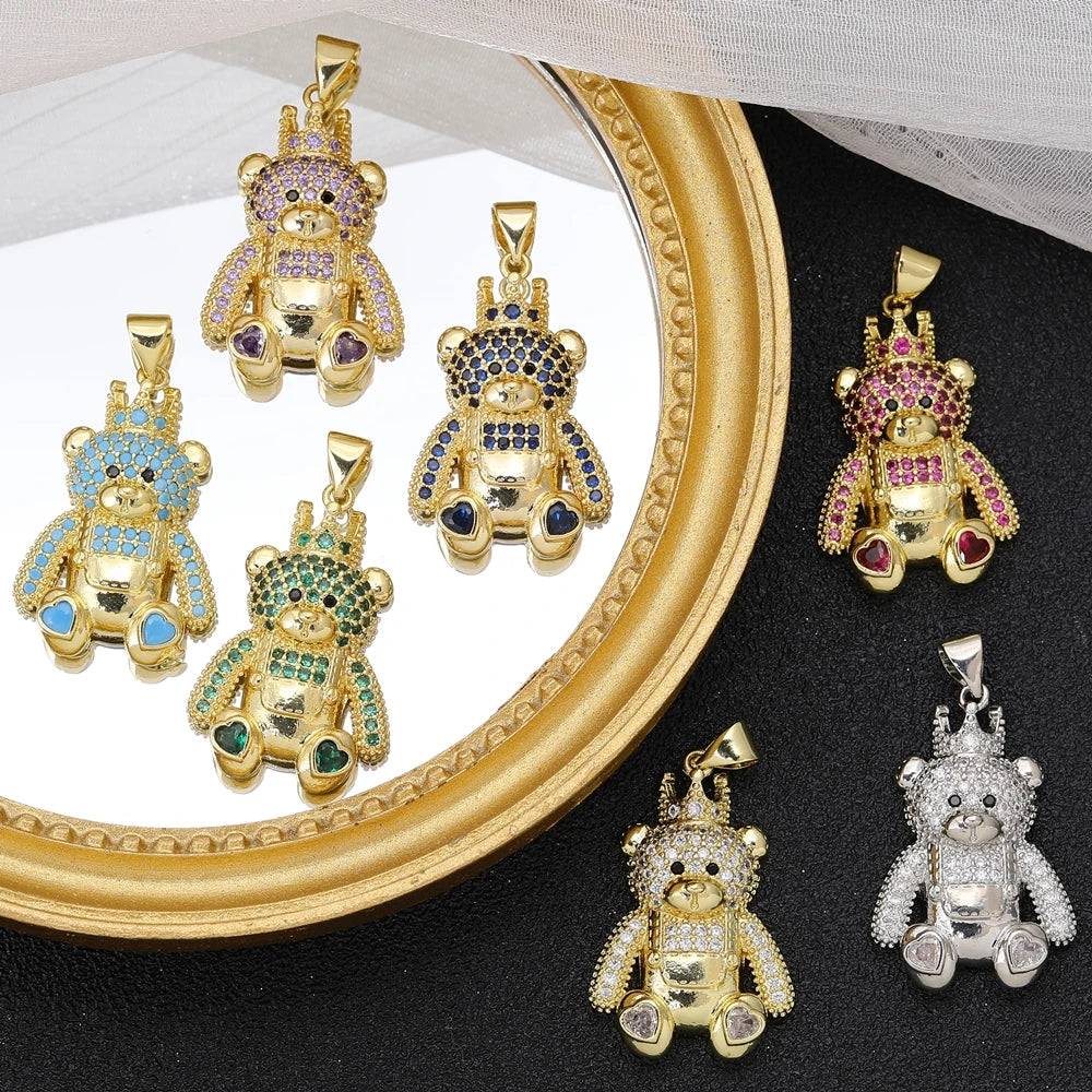 Juya 18K Real Gold Plated Decoration Animal Pendants Cz Bear Charms For DIY Women Kids Luxury Christmas Gift Jewelry Making