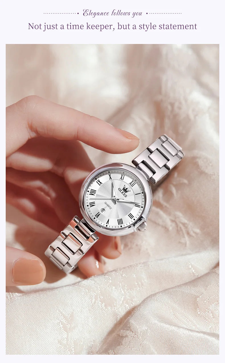 OLEVS 5608 Retro Style Quartz Watch for Women Elegant Steel Strap Auto Date Waterproof Luminous Luxury Ladies Wristwatch