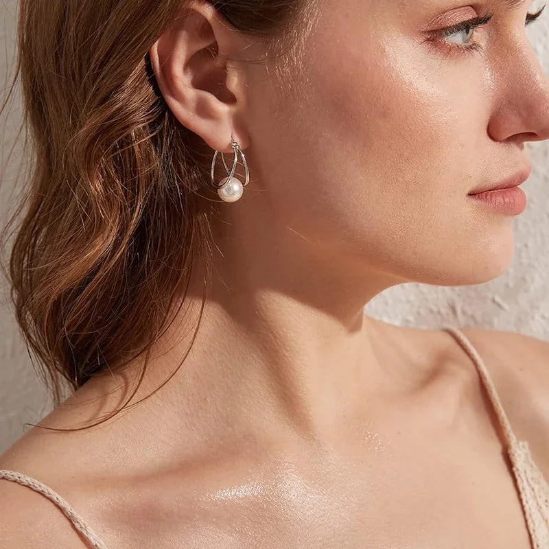 CAOSHI Simple Elegant Hoop Earrings with Simulated Pearl Female Graceful Jewelry for Engagement Daily Party Accessories Gift