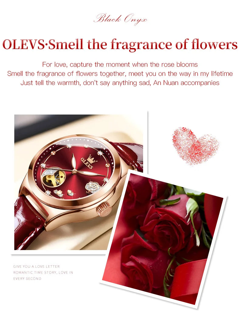 OLEVS Fashion Women Mechanical Watches Bracelets and Necklaces Set Leather Strap Luxury Hollow Ladies WristWatches Reloj Mujer