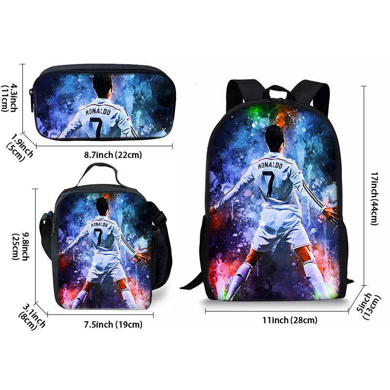 Football Player CR7 Three Piece Set Backpacks For Boy And Girls Best Gifts 3D Cartoon School Backpack For Children