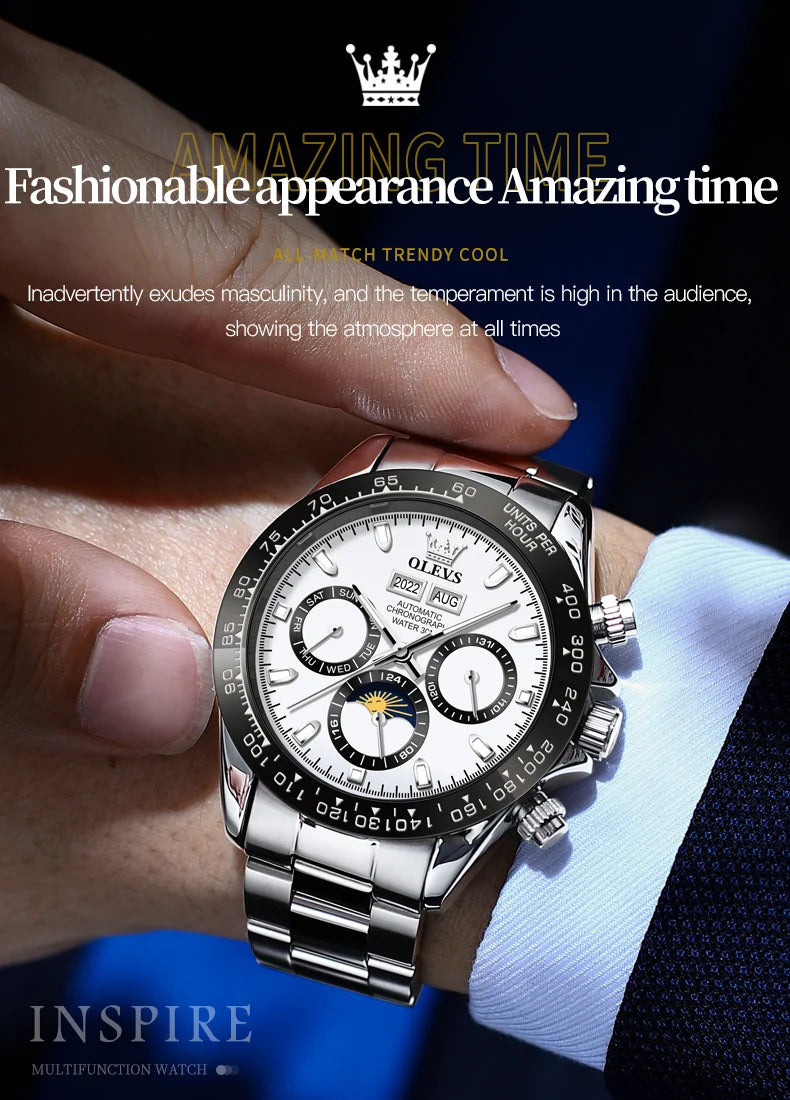 OLEVS 6654 Mens Watch Fashion Chronograph Automatic Mechanical Wristwatch Waterproof Luminous Function Top Brand Watch for Man