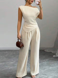 Elegant Pure Color Ladies Asymmetric Top And Wide Leg Pants 2-Piece Set for Commuting Casual Vacations Fashionable New Arrival