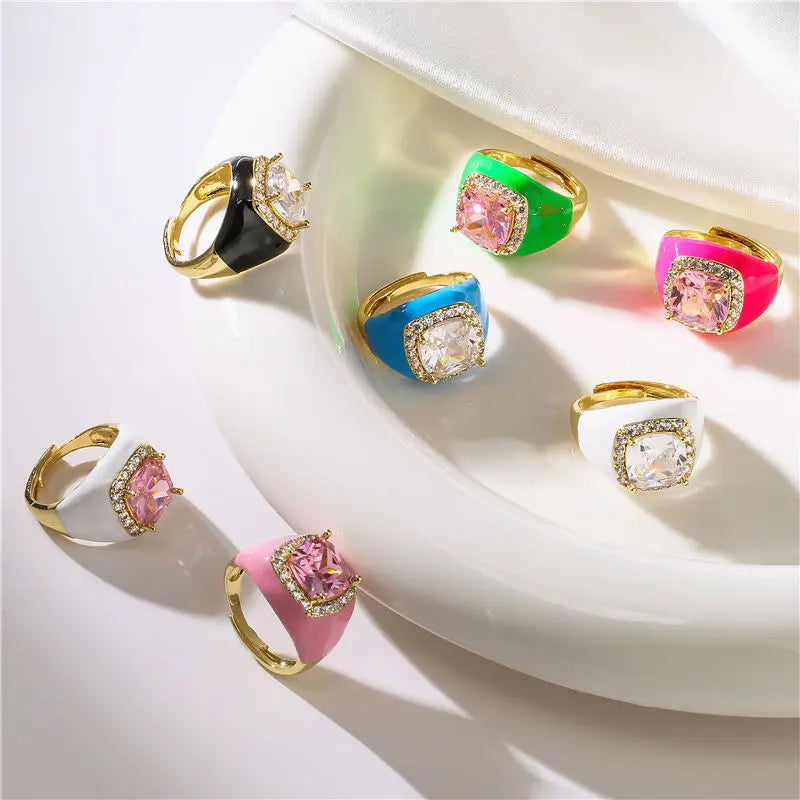 HECHENG,Multicolor Enamel Dripping Oil Zircon Open Ring For Women Adjustable Gold Plated Chunky Finger Rings Gift