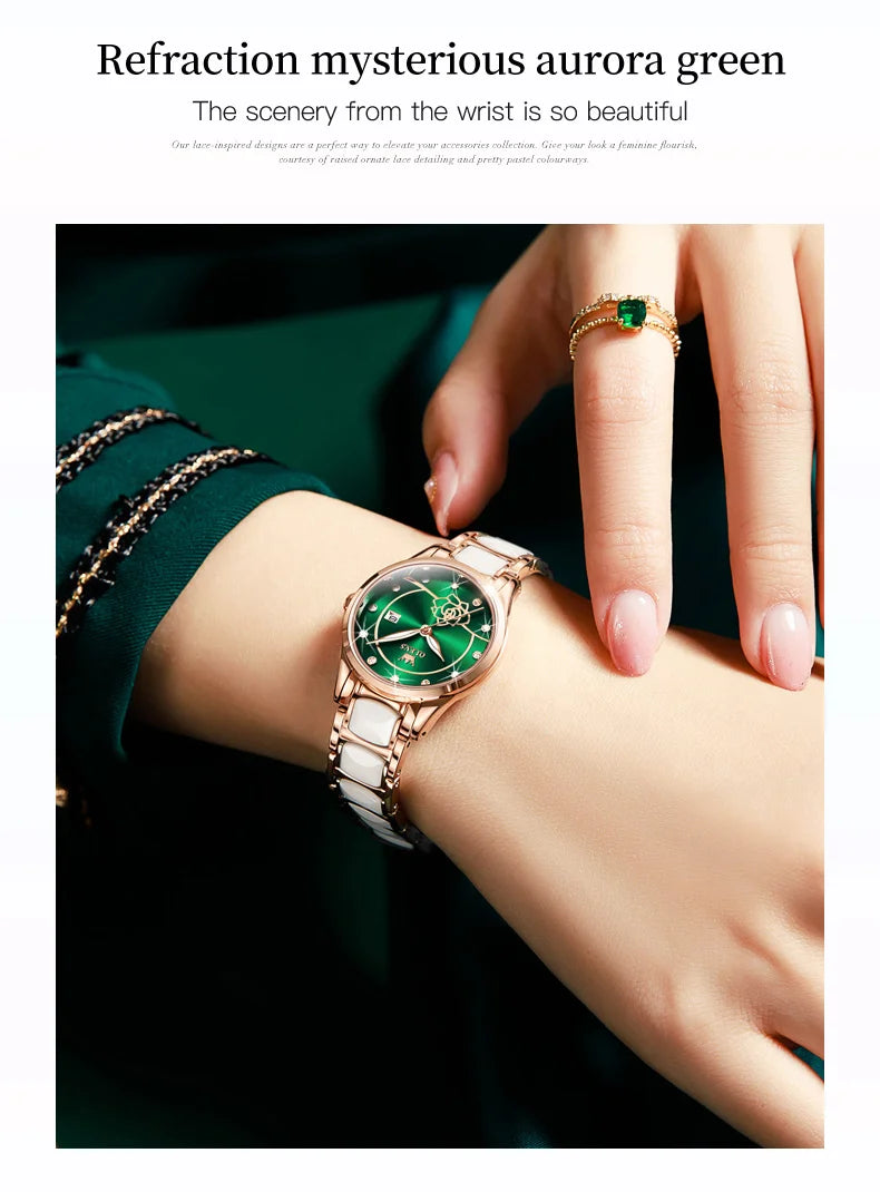 OLEVS Quartz Watch Women Japan Movement Waterproof Stainless Steel Ceramics Women Wristwatch Luxury Ladies watch Set Hot