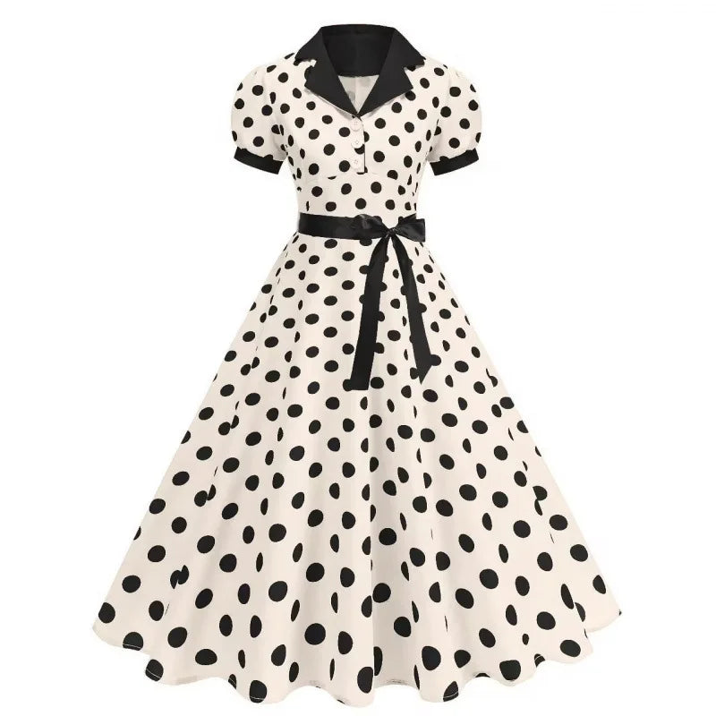 Polka Dot 50s 60s Vintage Dress Women Elegant Belted Robe Women Retro Rockabilly Prom Wedding Party Princess Dress