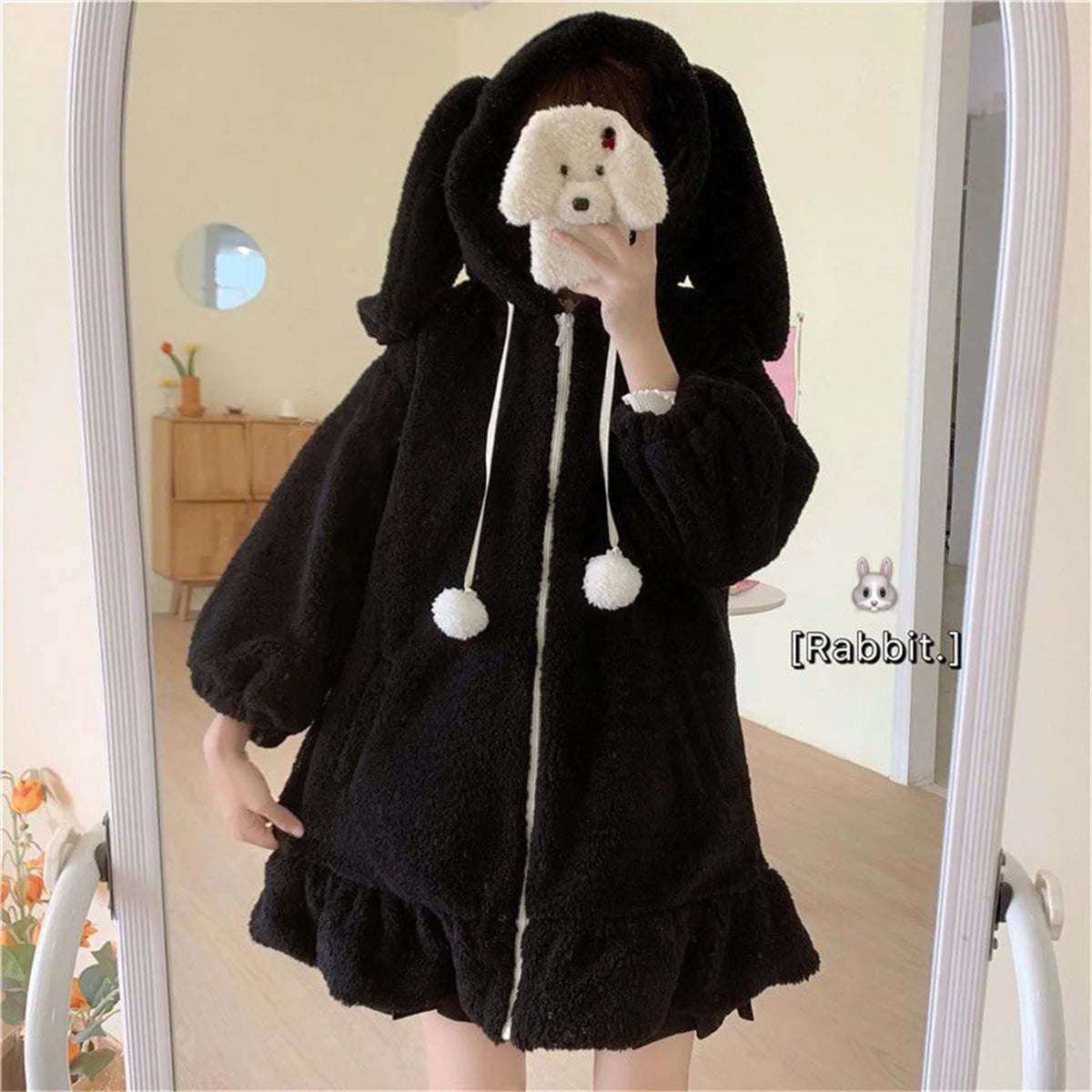 Winter Hoodies Warm Kawaii Rabbit Ears Women Sweatshirt Girl Lolita Hooded Zip-up Casual Sweatshirts Harajuku Hoodie Long Sleeve