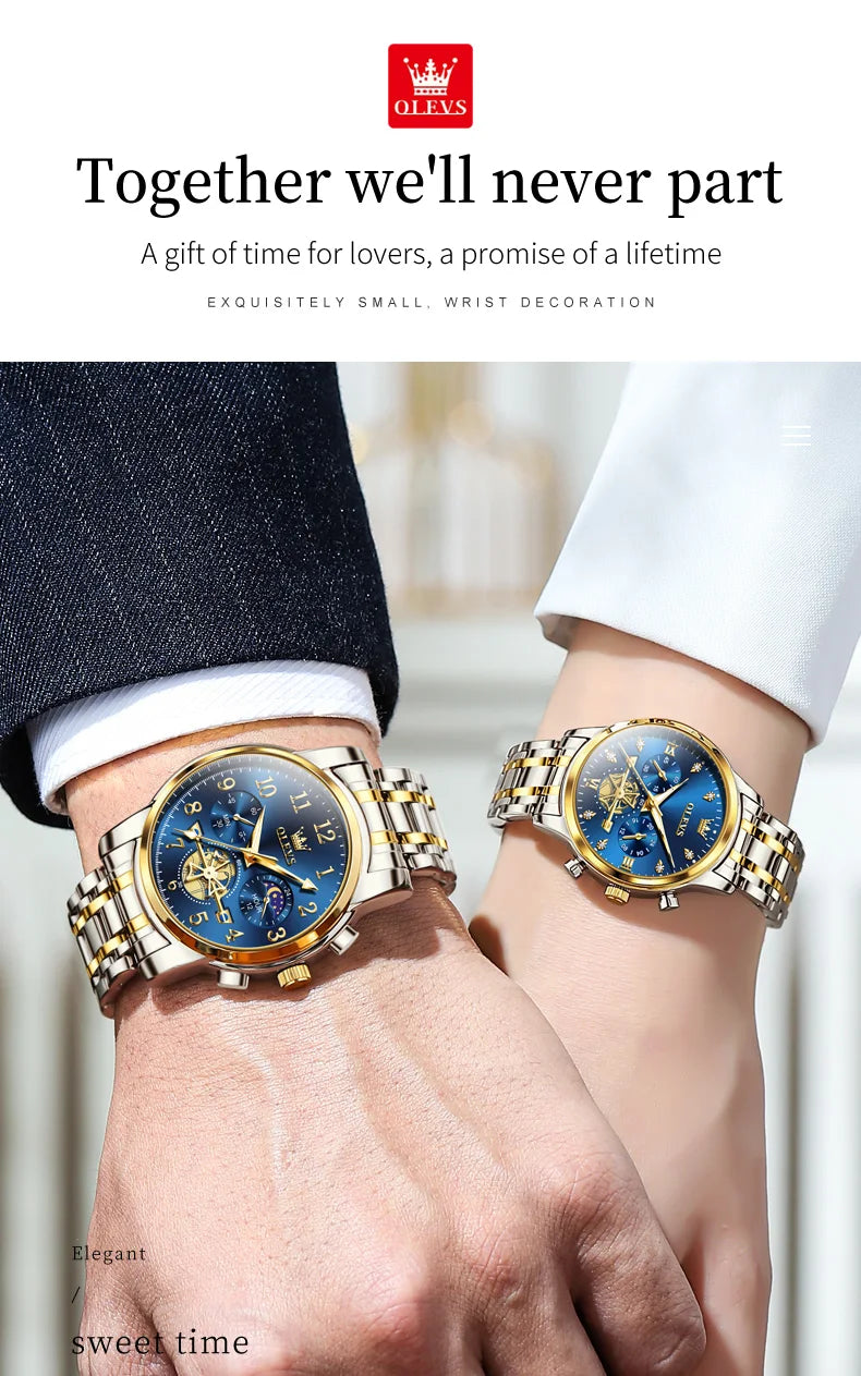 OLEVS Brand 2025 New Luxury Tourbillon Couple Quartz Watch Stainless Steel Waterproof Luminous Fashion Moon Phase Watches Lovers