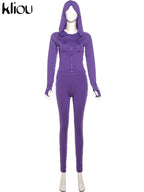 kliou Casual Women 2 Piece Set Classic Tracksuits Solid Long Sleeve Zip-up Hood Tops+Slim Elastic Pants Sporty Concise Outfits