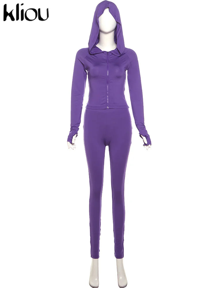 kliou Casual Women 2 Piece Set Classic Tracksuits Solid Long Sleeve Zip-up Hood Tops+Slim Elastic Pants Sporty Concise Outfits