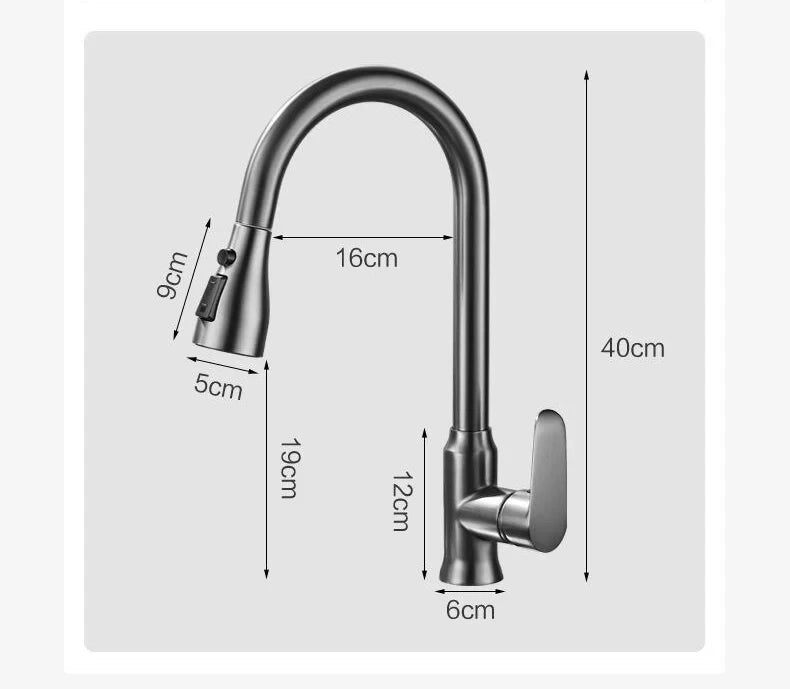Kitchen Faucet Pull-Out Spray Head 360 Degree Rotation Hot and Cold Water Pull-Out Black and Silver Single Hole Kitchen Faucet