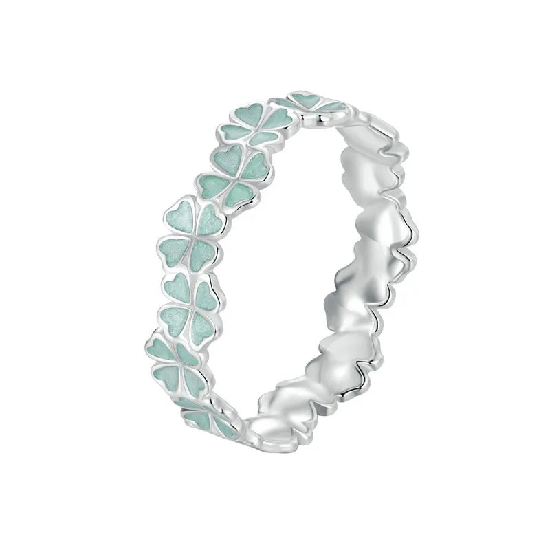 Bamoer 925 Sterling Silver Four-Leaf Clover Ring Mint Green Leaves Vine Ring Fine Jewelry Gift for Women Party