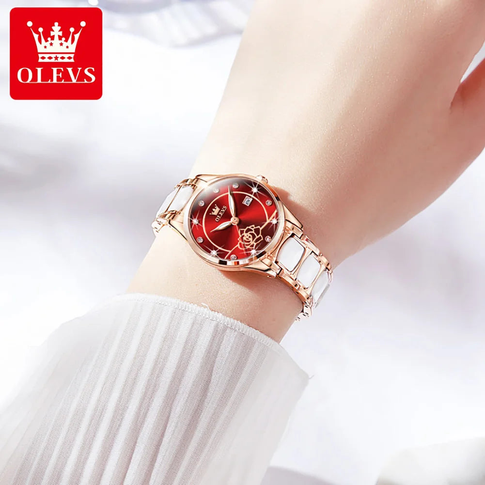 OLEVS Quartz Watch Women Japan Movement Waterproof Stainless Steel Ceramics Women Wristwatch Luxury Ladies watch Set Hot