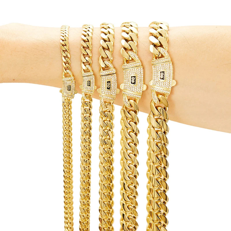 6-14mm Vacuum Plating Gold Color Stainless Steel Flat Cuban Miami Link Chains Necklaces for Men Hip Hop Rapper jewelry