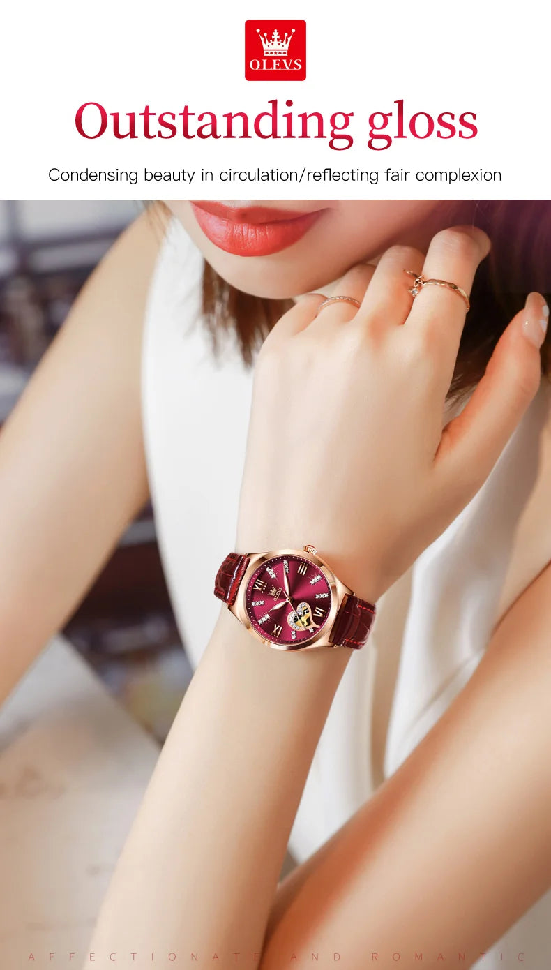 OLEVS 6636 Luxury Women Watch Fully Automatic Hollow Design Diamond Heart Shaped Watch Elegant Mechanical Women Bracelet Watch
