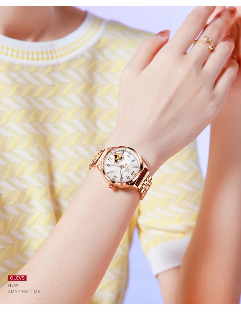 OLEVS 6636 Luxury Women Watch Fully Automatic Hollow Design Diamond Heart Shaped Watch Elegant Mechanical Women Bracelet Watch