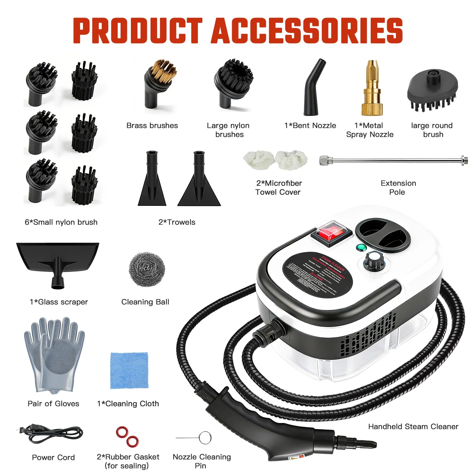 2500W Portable Handheld Steam Cleaner High-Temperature 1200ML Adjustable 105°C 6 Levels 20 Accessories With Brush Heads