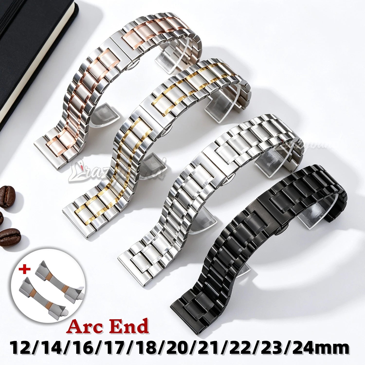 20mm22mm Arc Stainless Steel Watch Band 12/14/16mm 18mm 21mm 24mm Curved Universal Women Men Strap Silver Black Butterfly Buckle