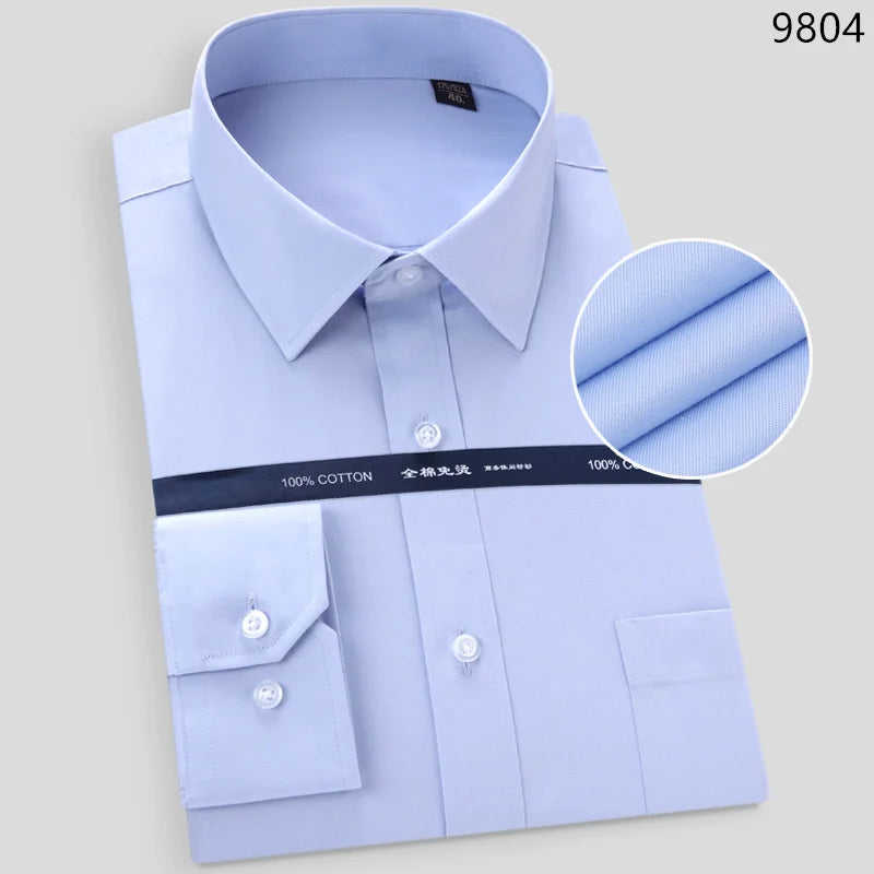 High Quality Free Ironing Men Dress Long Sleeve Shirt 100% Pure Cotton New Solid Male Regular Fit Business Shirt White Blue