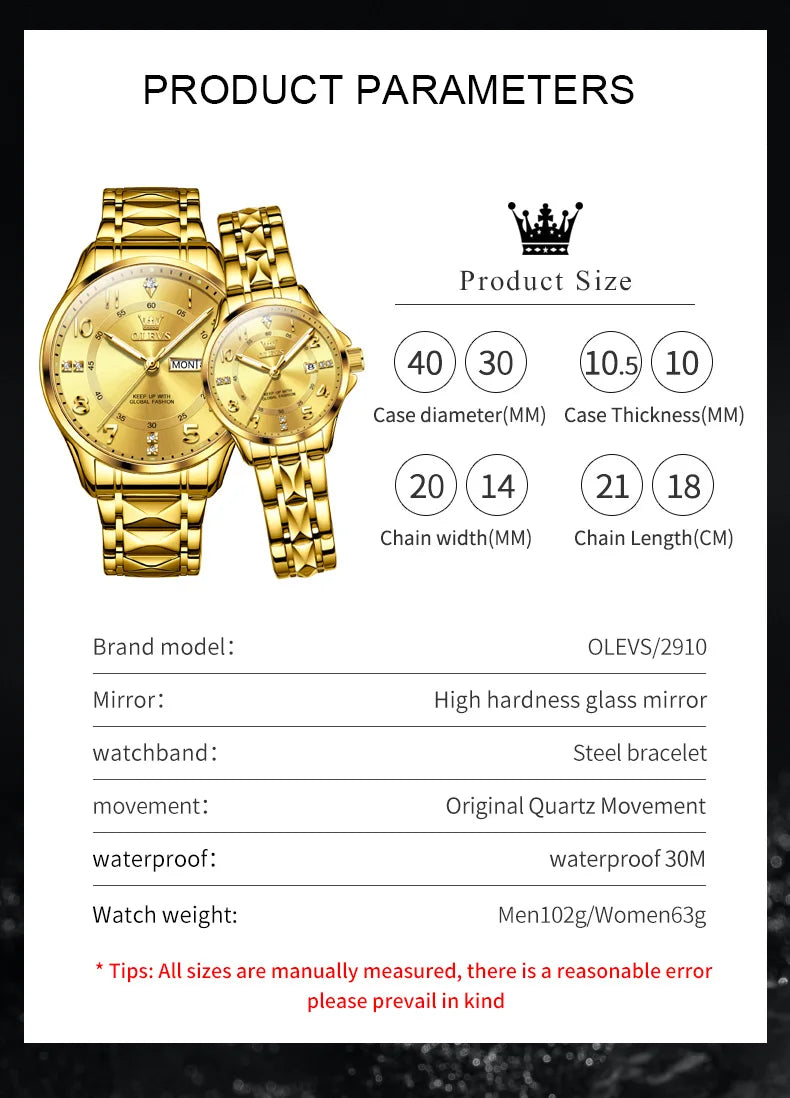 OLEVS Luxury Brand Couple Watch Classics Dual Calendar Wristwatch for Men and Women Waterproof Lover's Watch Set Gift Box