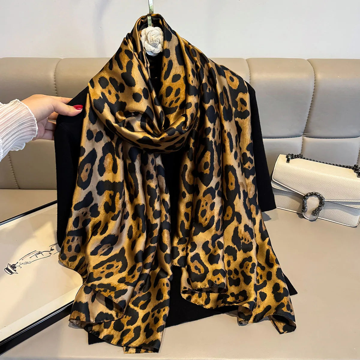 Spring Autumn Leopard Silk Scarf Women's Luxury Design Smooth Scarf Soft Shawl Beach Sun Protection 80x180cm Foulard Bandana