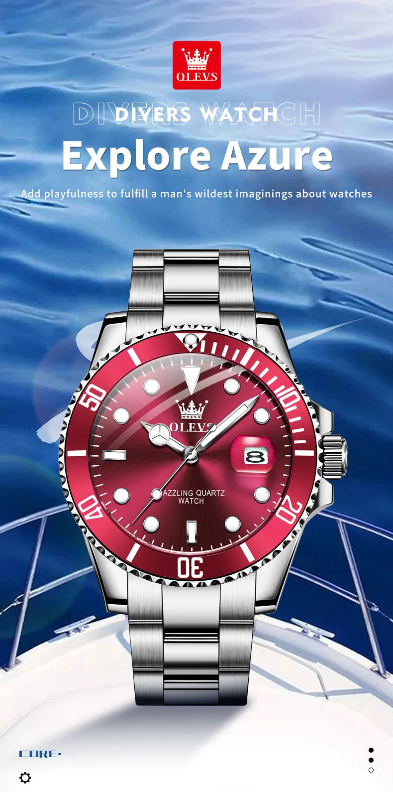 OLEVS 5885 Luxury Men Watch Diving Series Deep Waterproof Auto Date Stainless Steel NEW Red Dial Original Wristwatch
