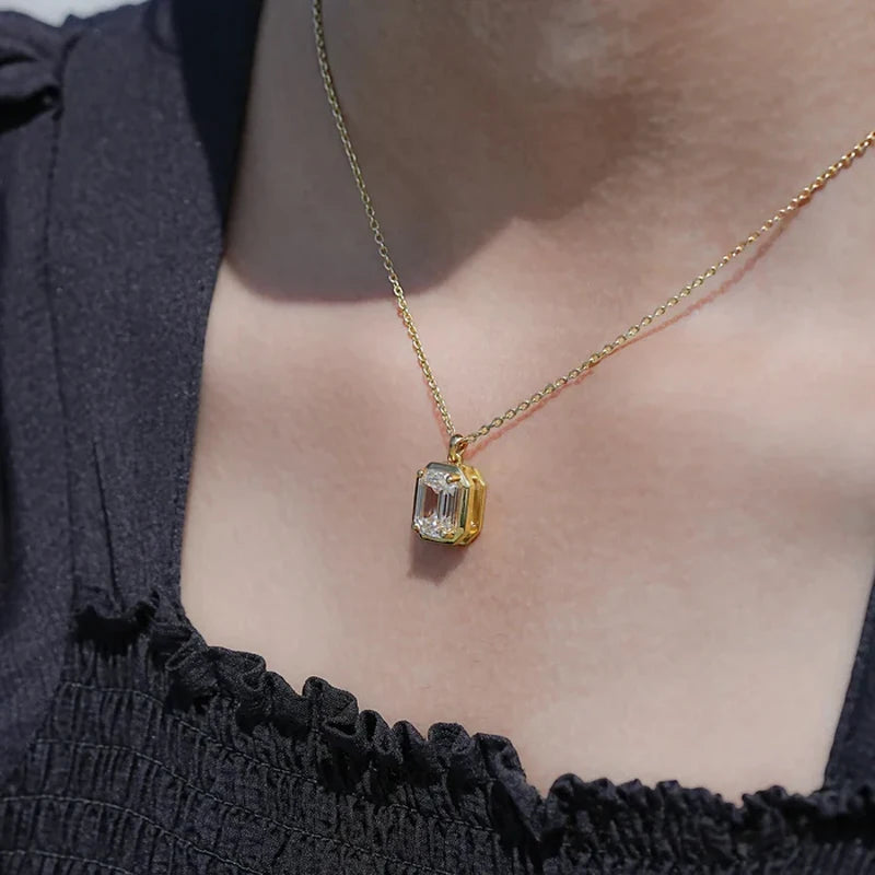 OXTAO Emerald Cut Minimalist Solitaire Pendant Necklace for Women 4CT Moissanite Charm Necklace Wedding Jewelry 14K Gold Filled