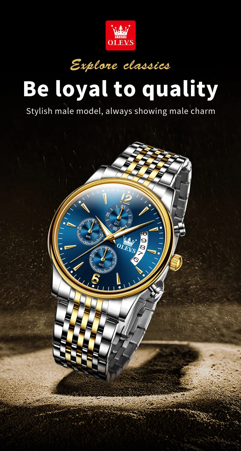 OLEVS luxury brand men's watches Chronograph waterproof date Gold luminous quartz watch for man Original wristwatch with the box