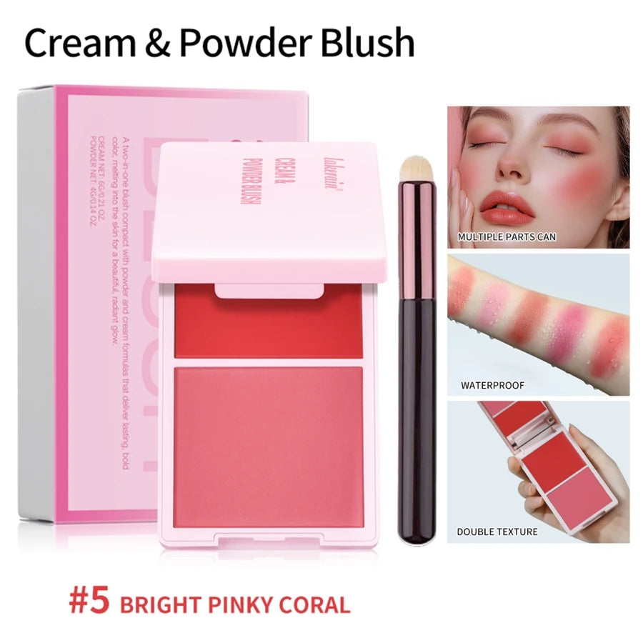 2IN1 Pink Blush Matte Dewy Rosy Blush With Brush Makeup Pan Long Wearing High Pigment Orange Red Cream & Powder Blush Palette