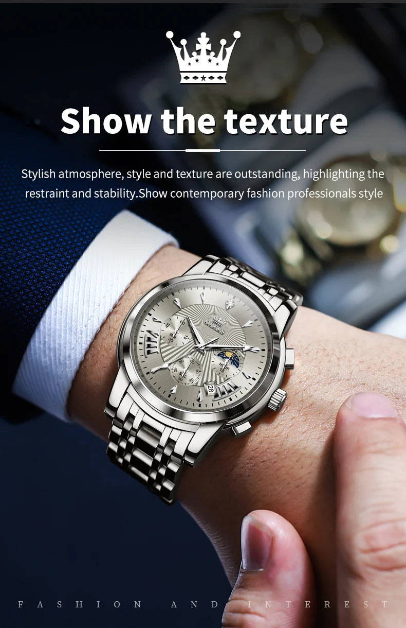 OLEVS 2892 Men Watch Original Quartz Watch Luxury Waterproof Luminous Calendar Moon Phase Chronograph Business Sports Men Watch
