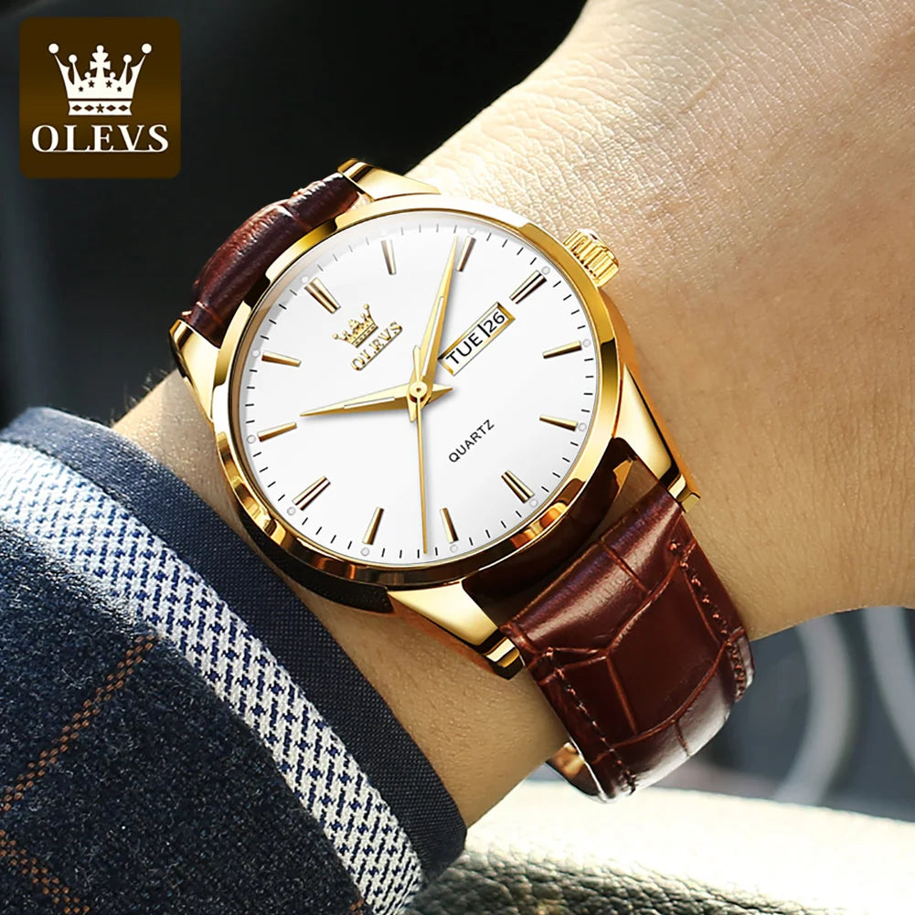 OLEVS 6898 Luxury Waterproof Quartz Watch for Men Sports Shock-resistant Calendar Genuine Leather Luminous Mens Wristwatches
