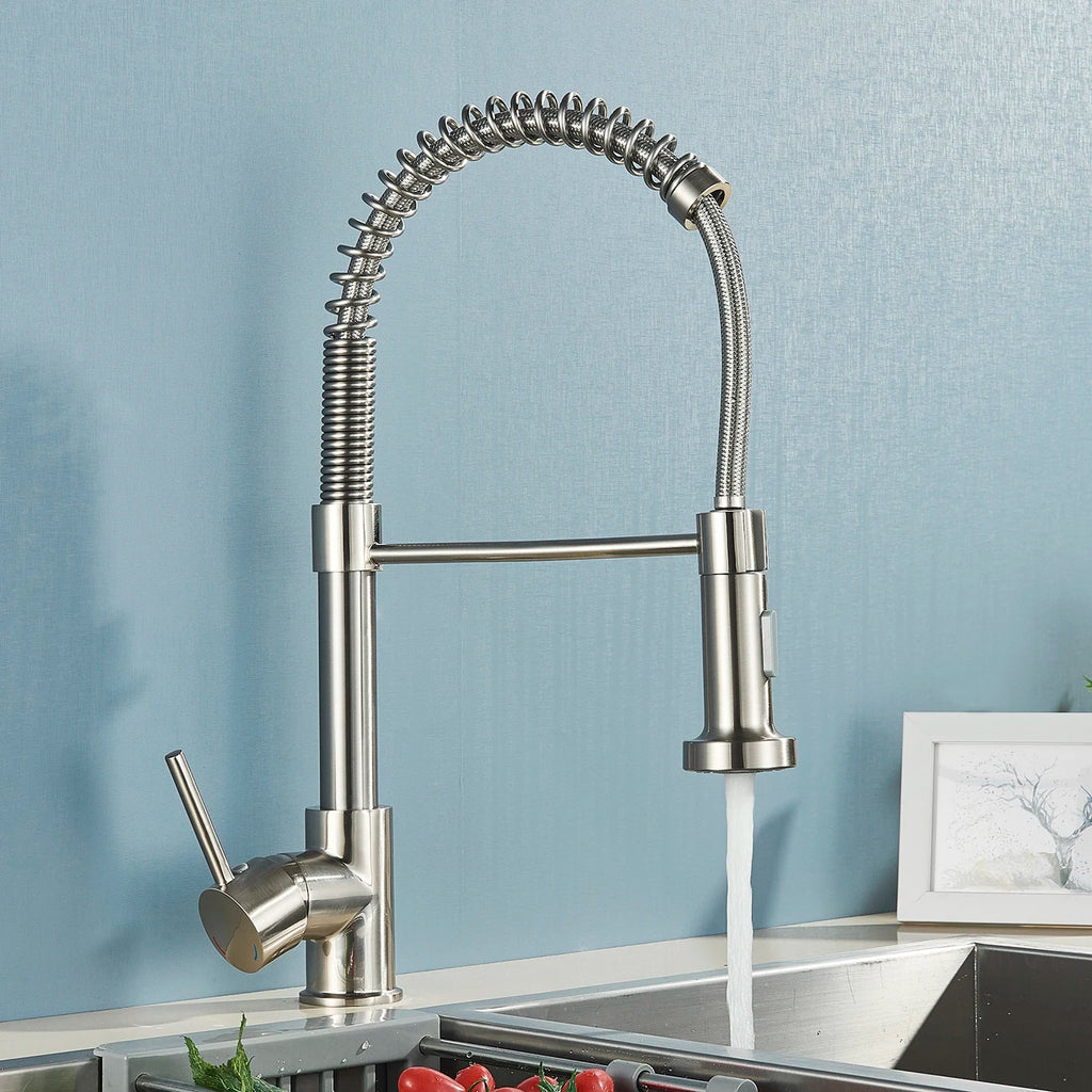 Brushed Nickel/Black Kitchen Faucet Single Handle High Arc Pull down Spray Sink Faucet with Lever Handle in Stainless Steelk