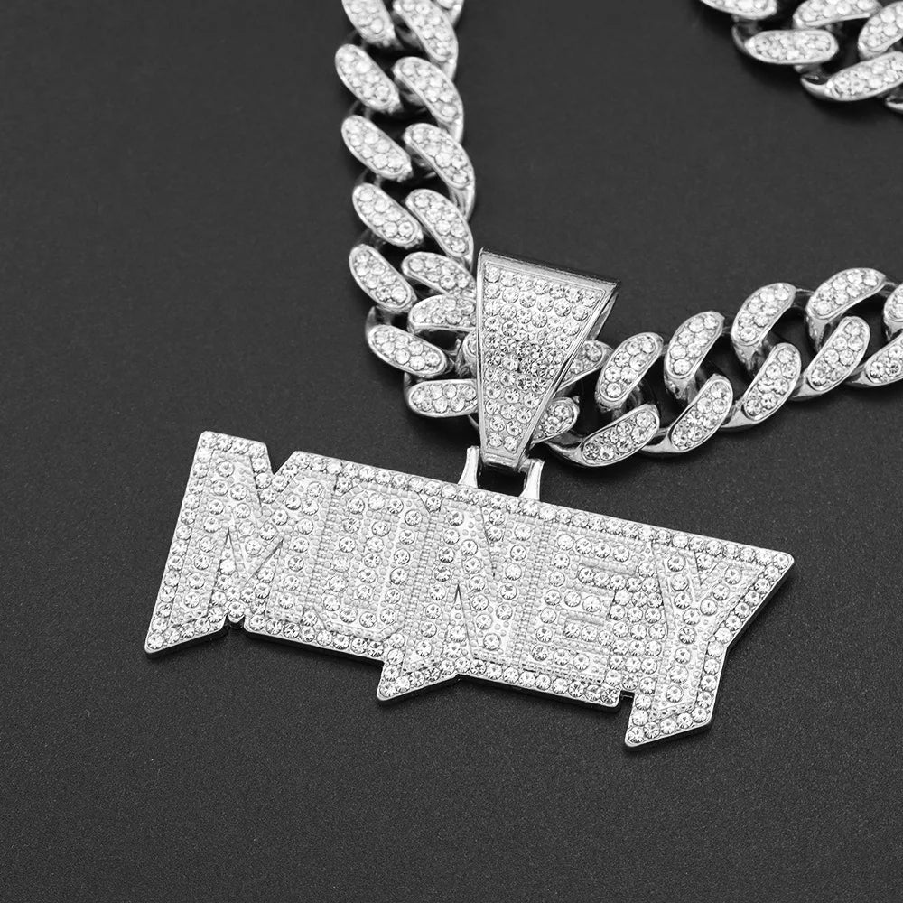 Men Women Hip Hop Money Letter  Pendant Necklaces 13MM Cuban chain Iced out Bling Alloy Rhinestone Hiphop Fashion Charm Jewelry